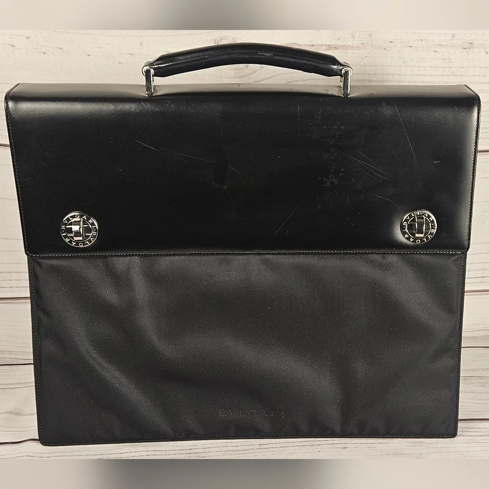 Bvlgari Black Leather And Nylon Men's Briefcase Bag